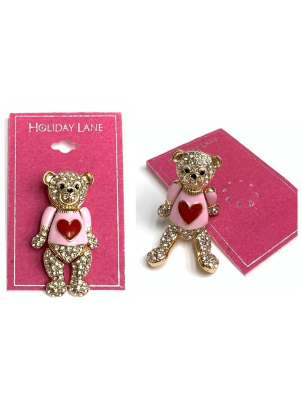 NWT HOLIDAY LANE Gold Tone Glass Stone Coated Enamel Articulated Bear Pin